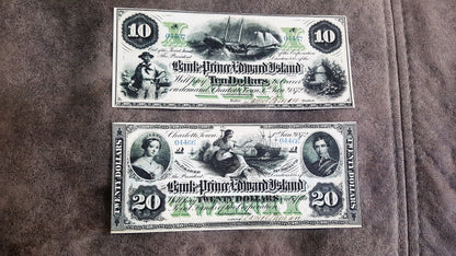 Réimpression sur papier avec filigrane Canada Banque d'Acadie + Île-du-Prince-Édouard 1872-1877