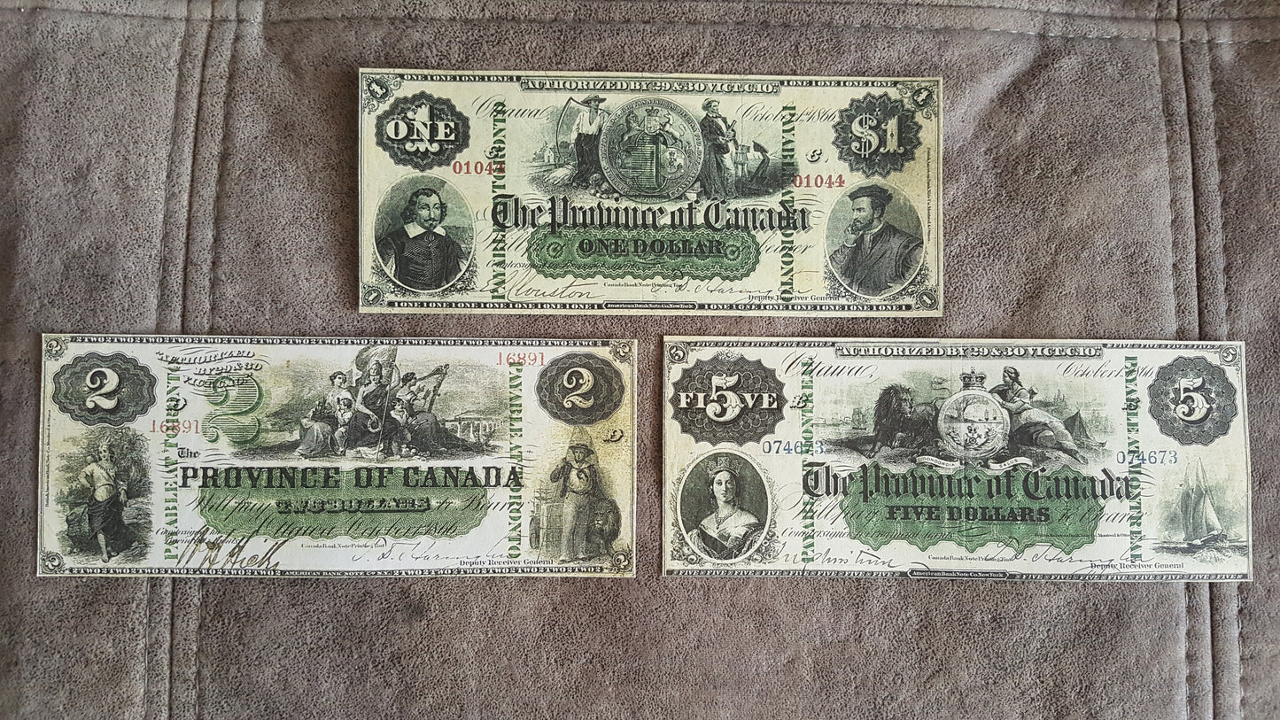 Province of Canada 1, 2 and 5 Dollar 1866 Pre-Confederation Specimen Notes