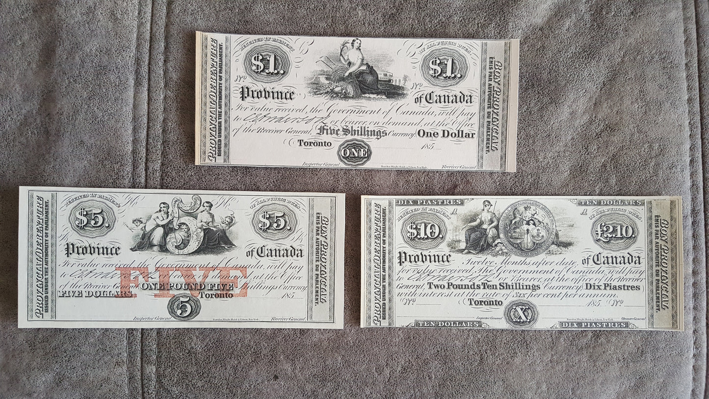 Province of Canada 1 Dollar and 5 Dollar 1850 Pre-Confederation Specimen Notes