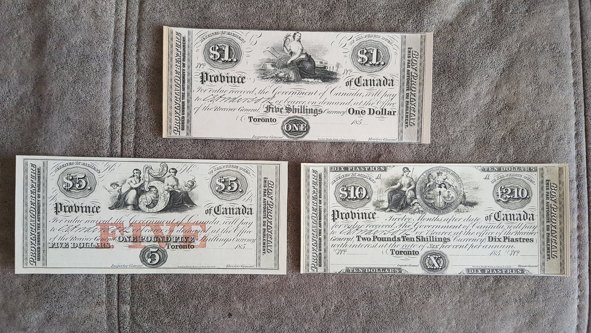 Province of Canada 1 Dollar and 5 Dollar 1850 Pre-Confederation Specimen Notes