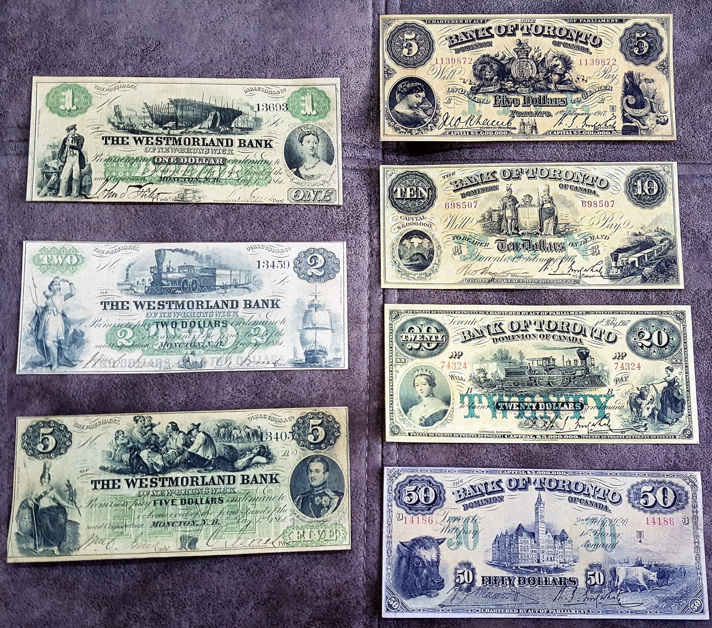 Rare 1861 to 1920 series Bank of Toronto and Westmorland Bank notes set