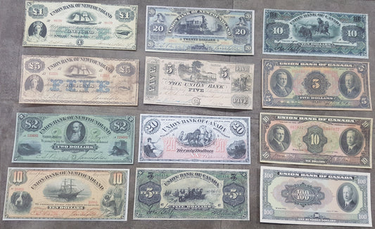Rare 1838 to 1921 series Newfoundland and Union Bank of Canada banknotes set