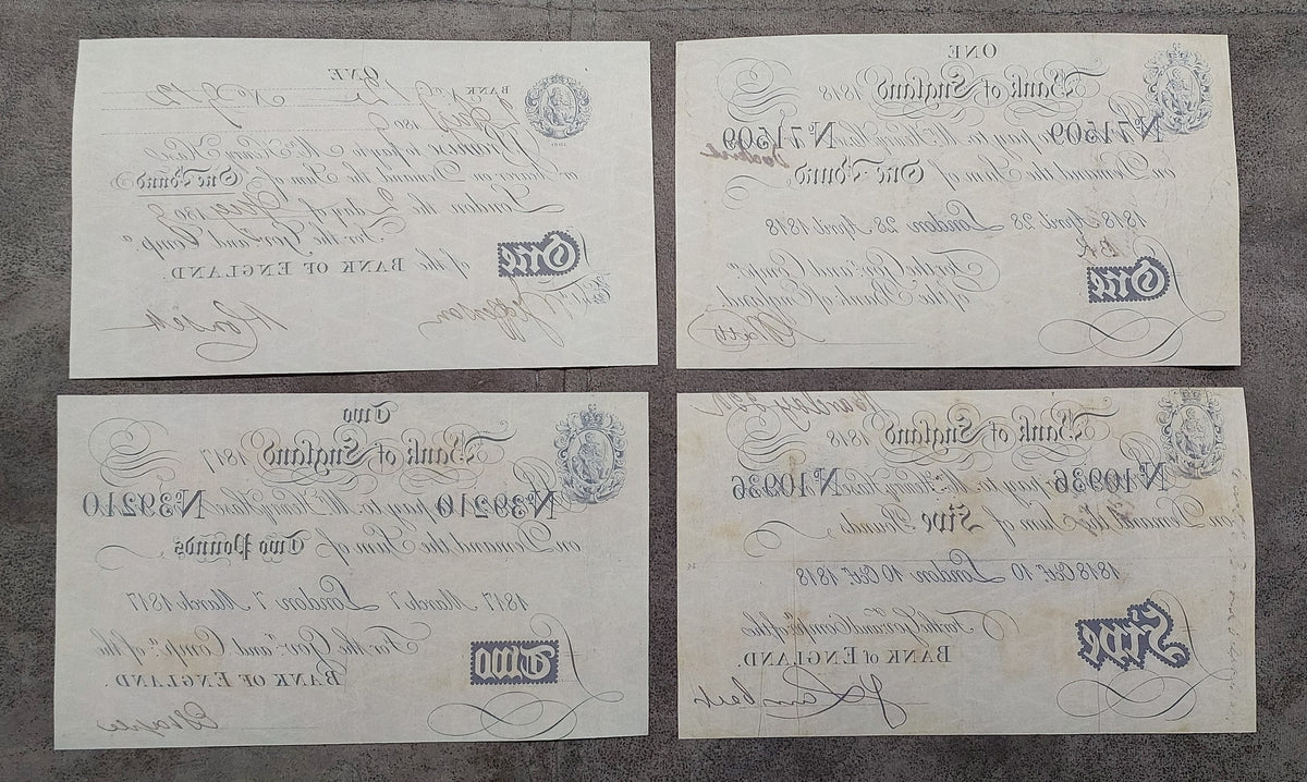 Reverse presentation of late Regency-era British banknotes. Exhibits the fine textural qualities of historical security rag paper and the structural plate lines crucial for notaphily grading and archival research.