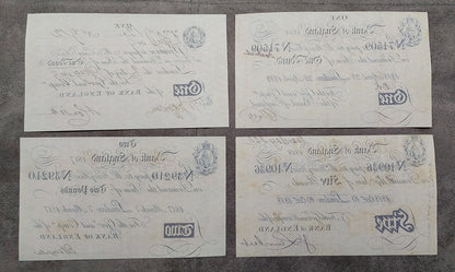 Reverse presentation of late Regency-era British banknotes. Exhibits the fine textural qualities of historical security rag paper and the structural plate lines crucial for notaphily grading and archival research.