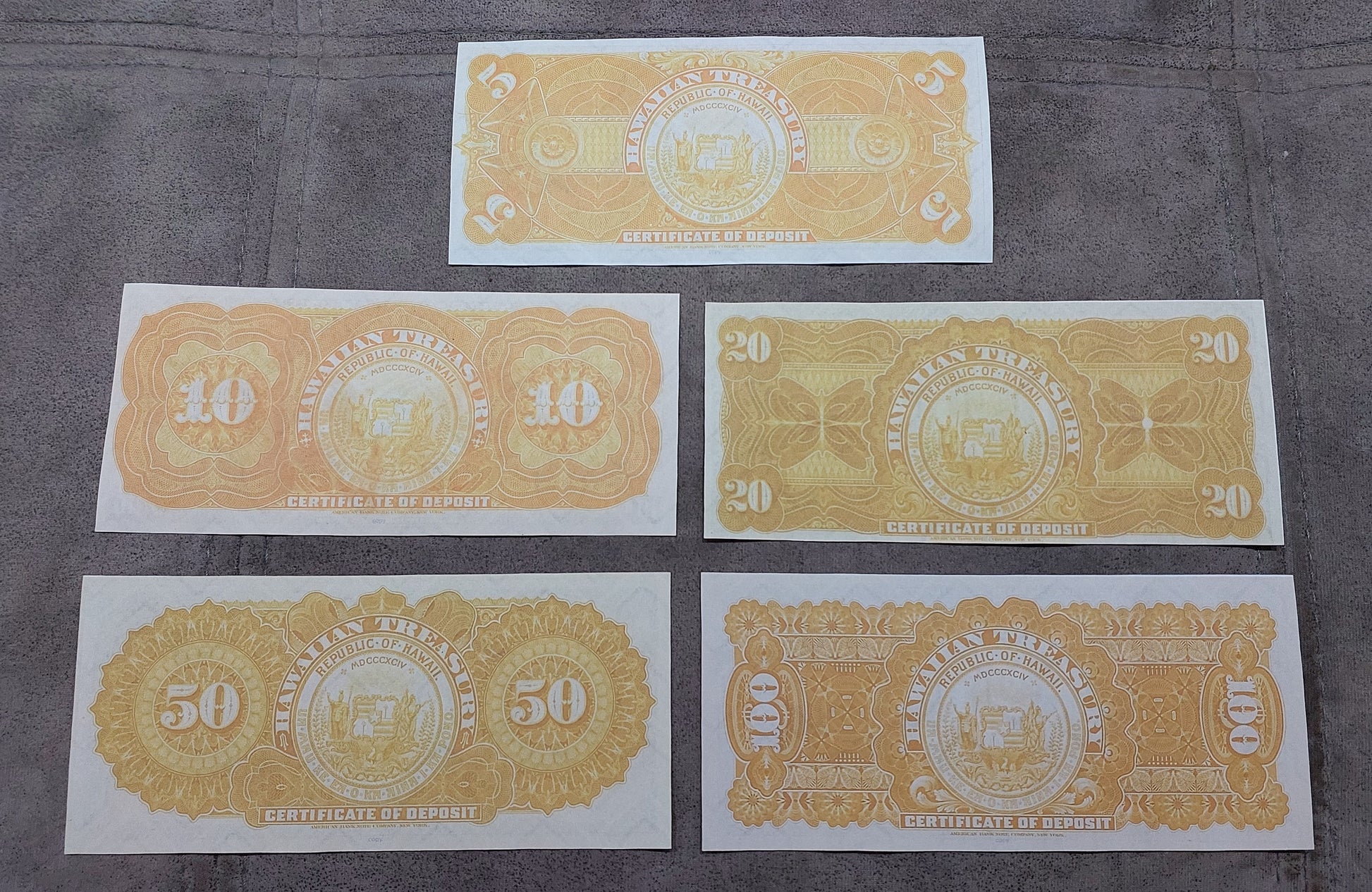 Republic of Hawaii 5, 10, 20 & 50 Gold Dollar 1895 certificates reverse side
