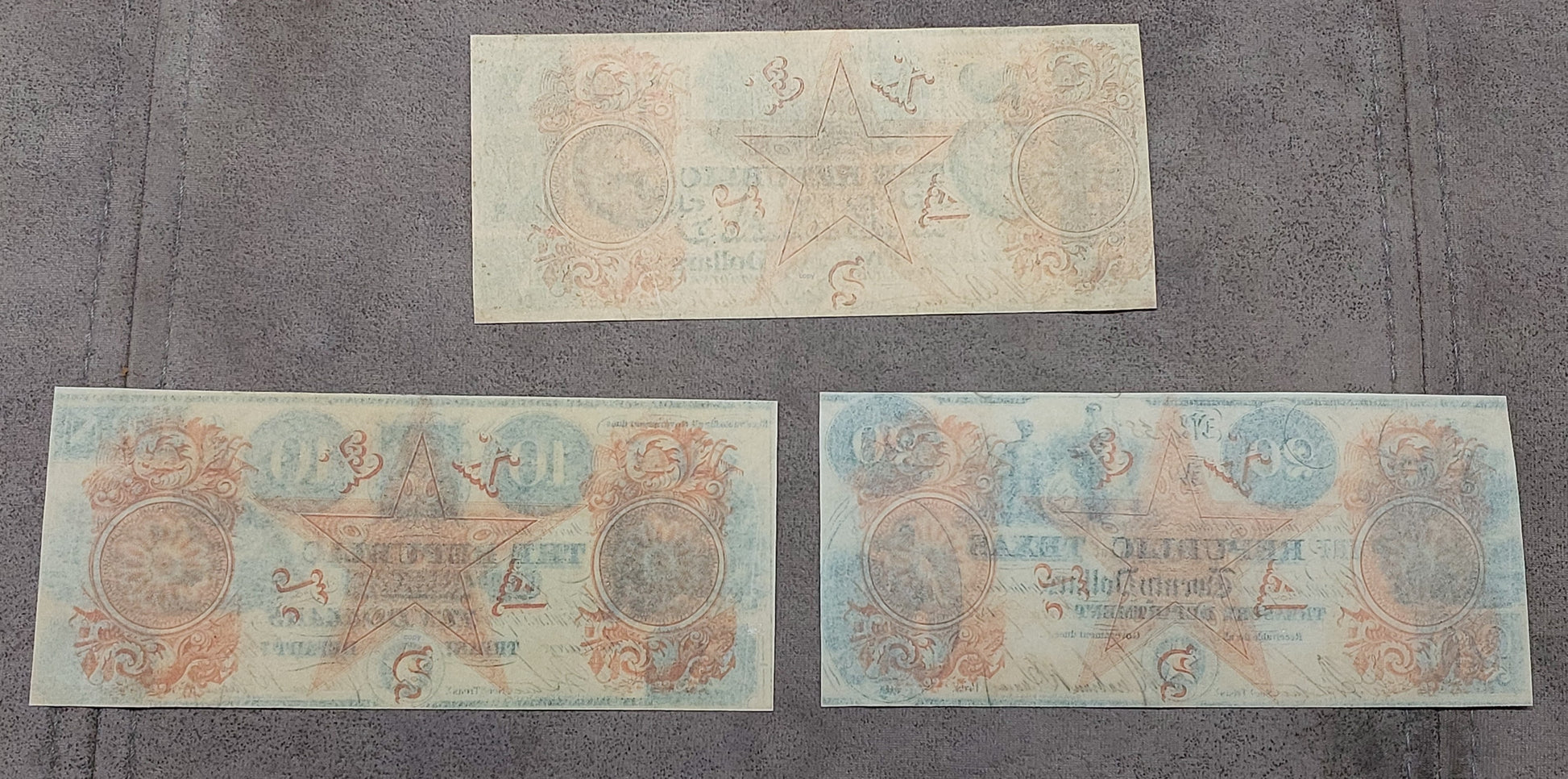 Republic of Texas 5 and 10 Dollar obsolete banknotes reverse back view
