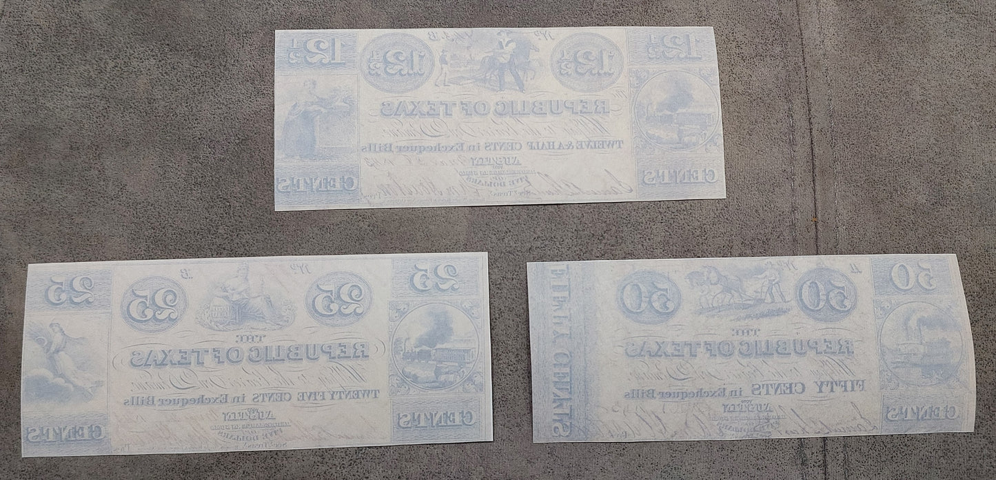 Republic of Texas 1843 fractional cent currency notes reverse back view