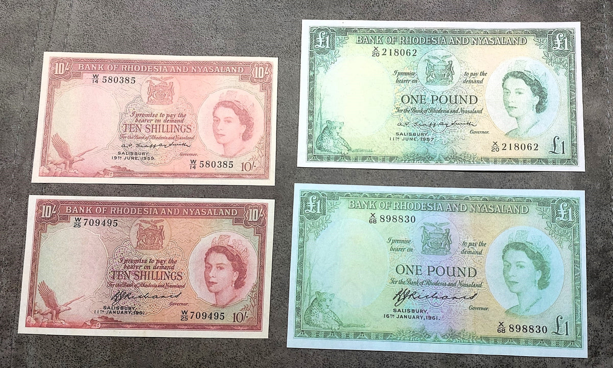 Four-note grid layout (quartet) featuring front/obverse views comparing Type A (P. Grafftey-Smith signature) and Type B (C. J. Richards signature) varieties for the 10 Shillings and 1 Pound issues