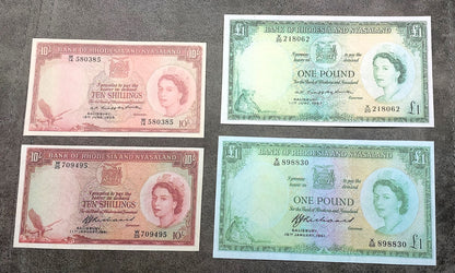 Four-note grid layout (quartet) featuring front/obverse views comparing Type A (P. Grafftey-Smith signature) and Type B (C. J. Richards signature) varieties for the 10 Shillings and 1 Pound issues