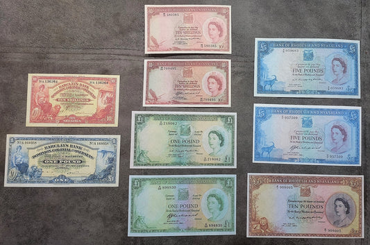 Full lot overview displaying all 9 historical banknotes (Barclays Bank Rhodesia and Bank of Rhodesia & Nyasaland issues, 1926–1961) in a structured arrangement.