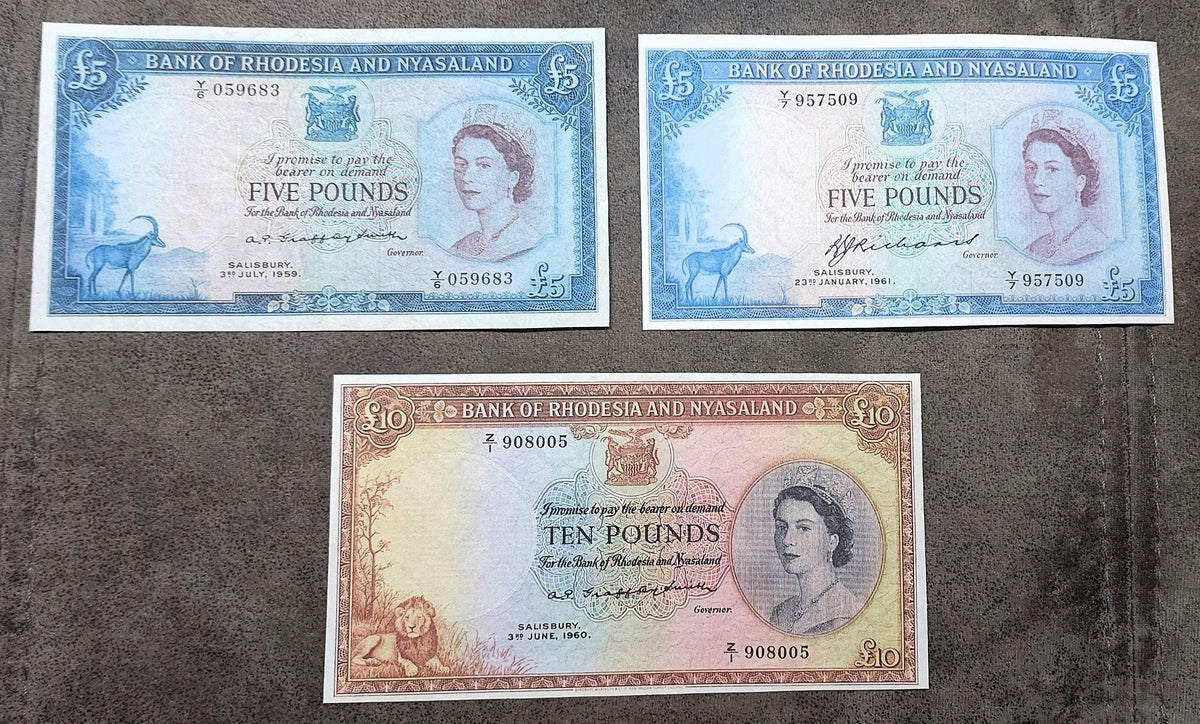 Four-note layout showcasing obverse and reverse side views of the high-denomination 5 Pounds (Type A & B varieties) and 10 Pounds banknotes