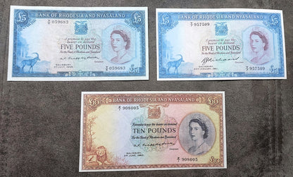 Four-note layout showcasing obverse and reverse side views of the high-denomination 5 Pounds (Type A & B varieties) and 10 Pounds banknotes