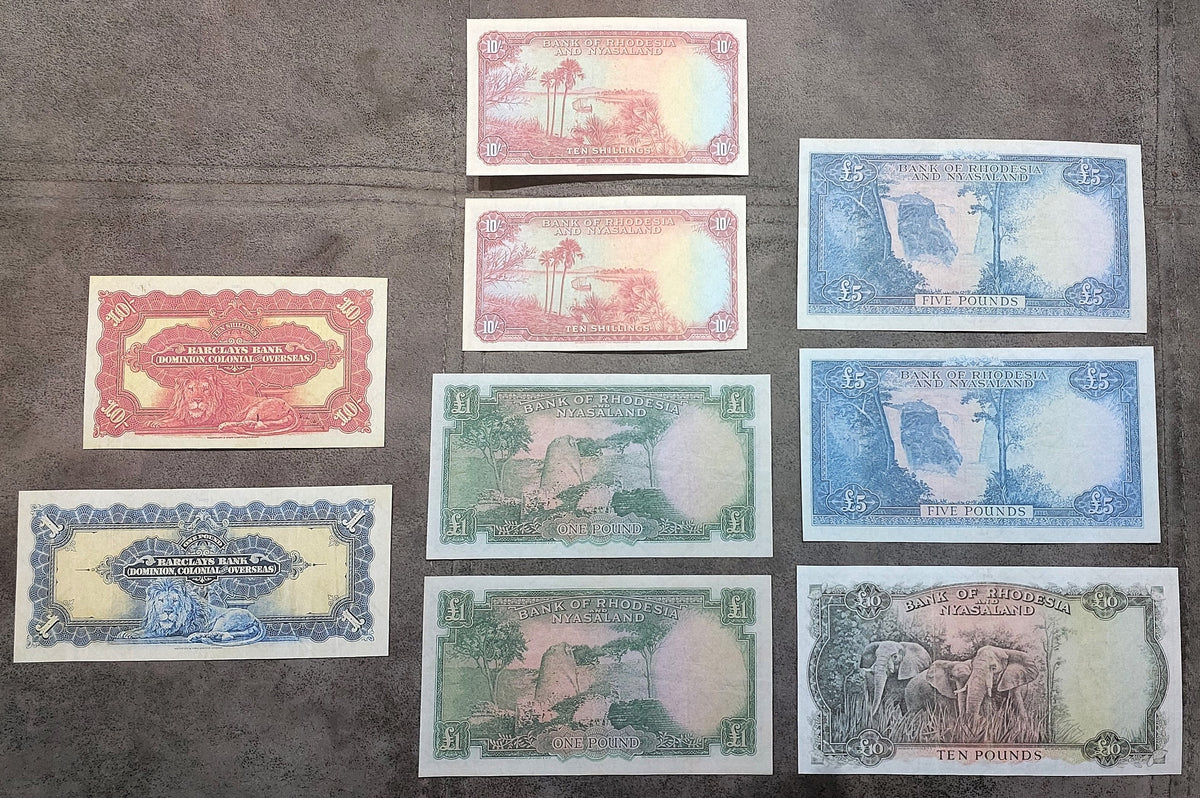 Overview grid showing banknotes arranged by denomination and issuer, highlighting color variations and design structures across the lot.