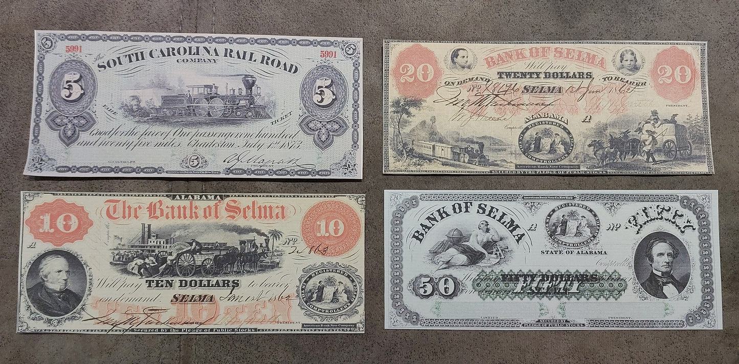 South Carolina Rail Road 5 Dollar 1873 & The Bank of Selma 10, 20, 50 Dollar obsolete notes front