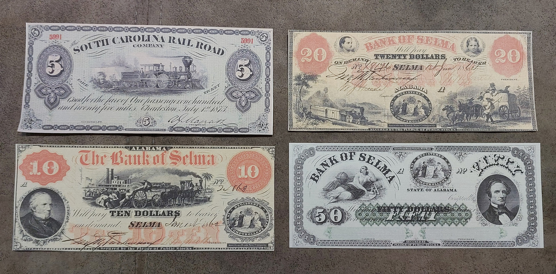 South Carolina Rail Road 5 Dollar 1873 & The Bank of Selma 10, 20, 50 Dollar obsolete notes front