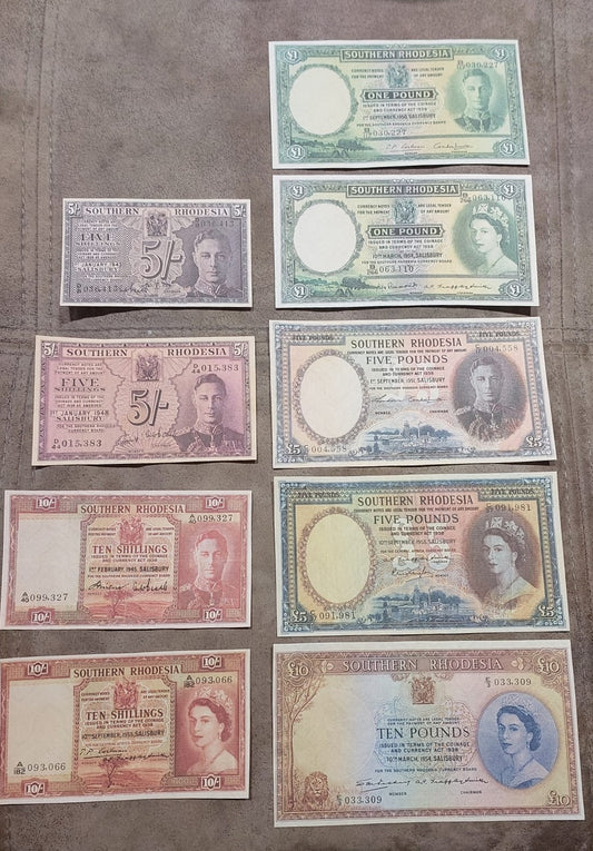 Complete lot overview showcasing all Bank of Southern Rhodesia banknotes (1938–1958) displayed together.