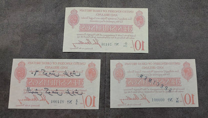  Reverse views of the British 1915 10 Shilling emergency currency notes. Showcases the traditional geometric security background tinting, central denomination medals, and clean late imperial plate impressions.