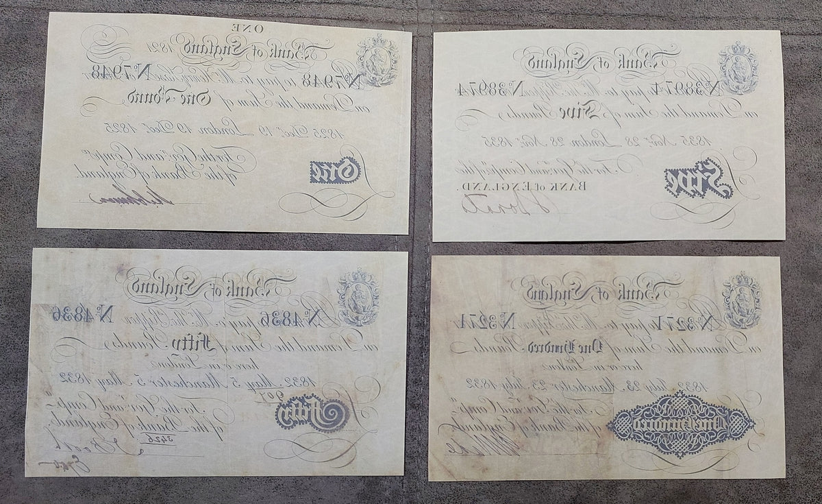Blank backing impressions of 19th-century United Kingdom promissory banknotes. Shows visible historical paper wear, distinct watermark framing outlines, and early printing press indentation characteristics.