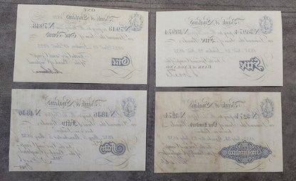 Blank backing impressions of 19th-century United Kingdom promissory banknotes. Shows visible historical paper wear, distinct watermark framing outlines, and early printing press indentation characteristics.