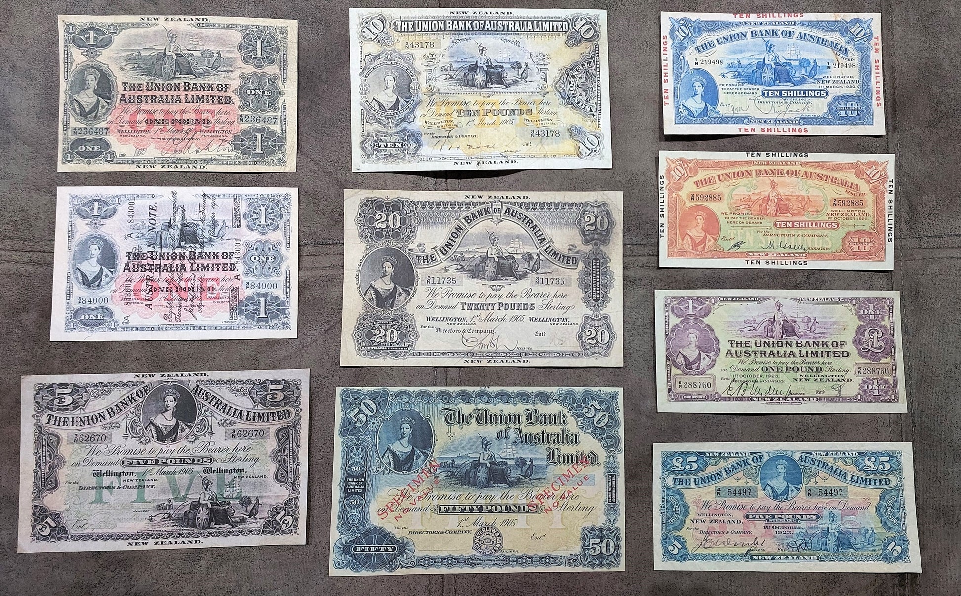 Rare Australia & New Zealand 1905-1923 historical banknote collection set D - front view of 10 notes