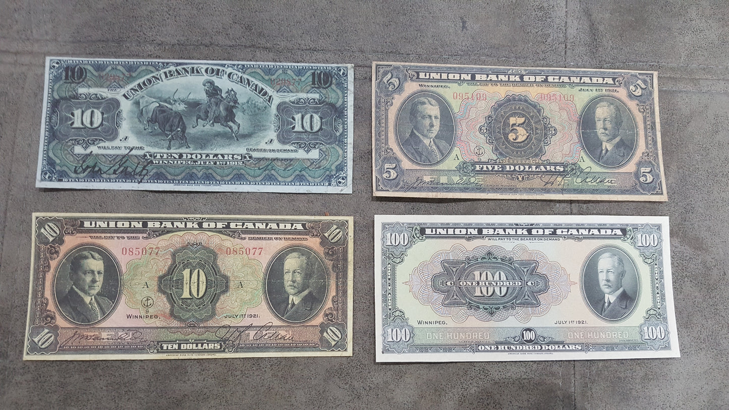 Union Bank of Canada 5, 10 and 20 , 100 Dollar Numismatic Banknotes