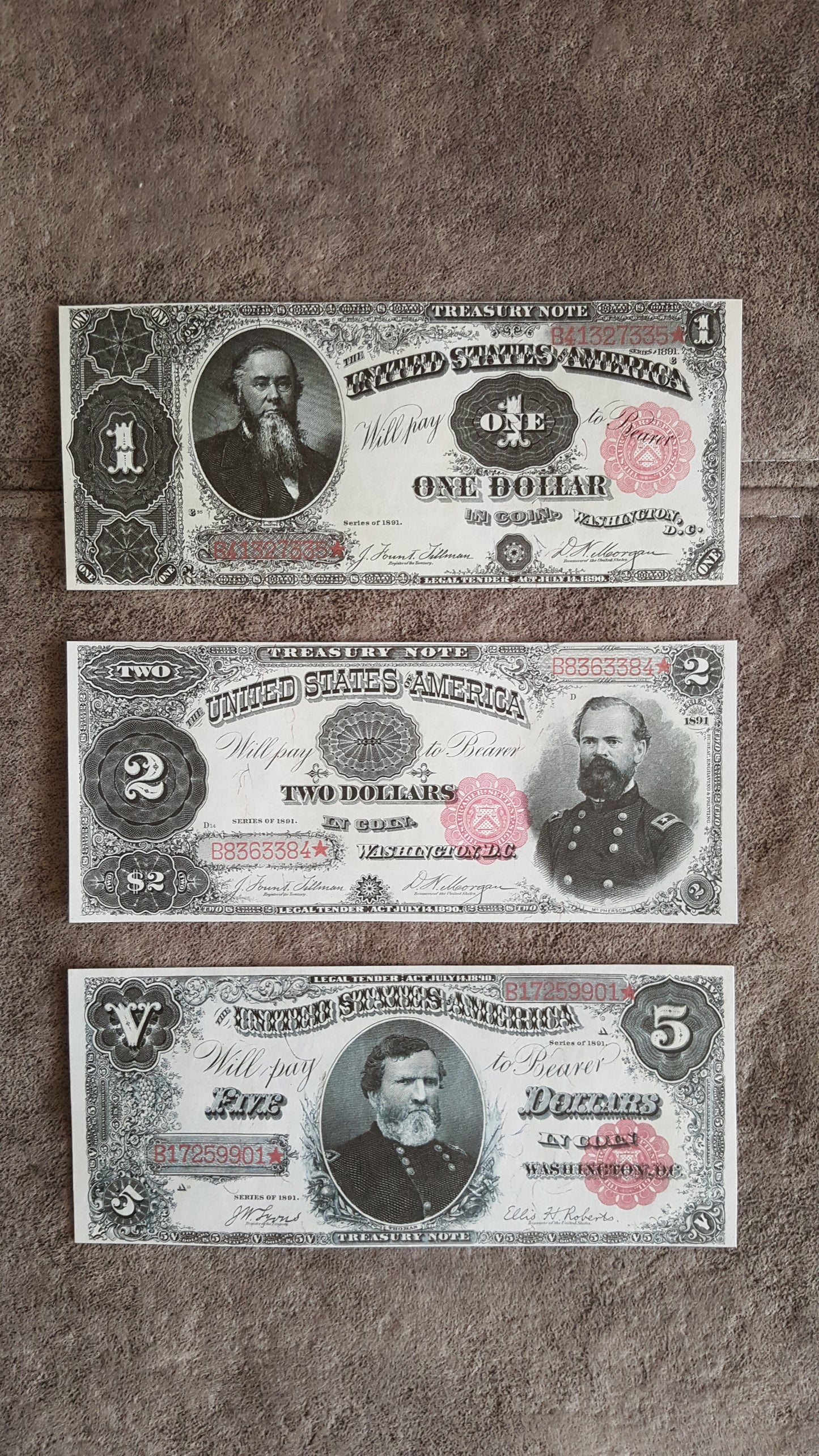 US 1 Dollar Stanton, 2 Dollar McPherson, and 5 Dollar Thomas 1891 Series Treasury Notes front