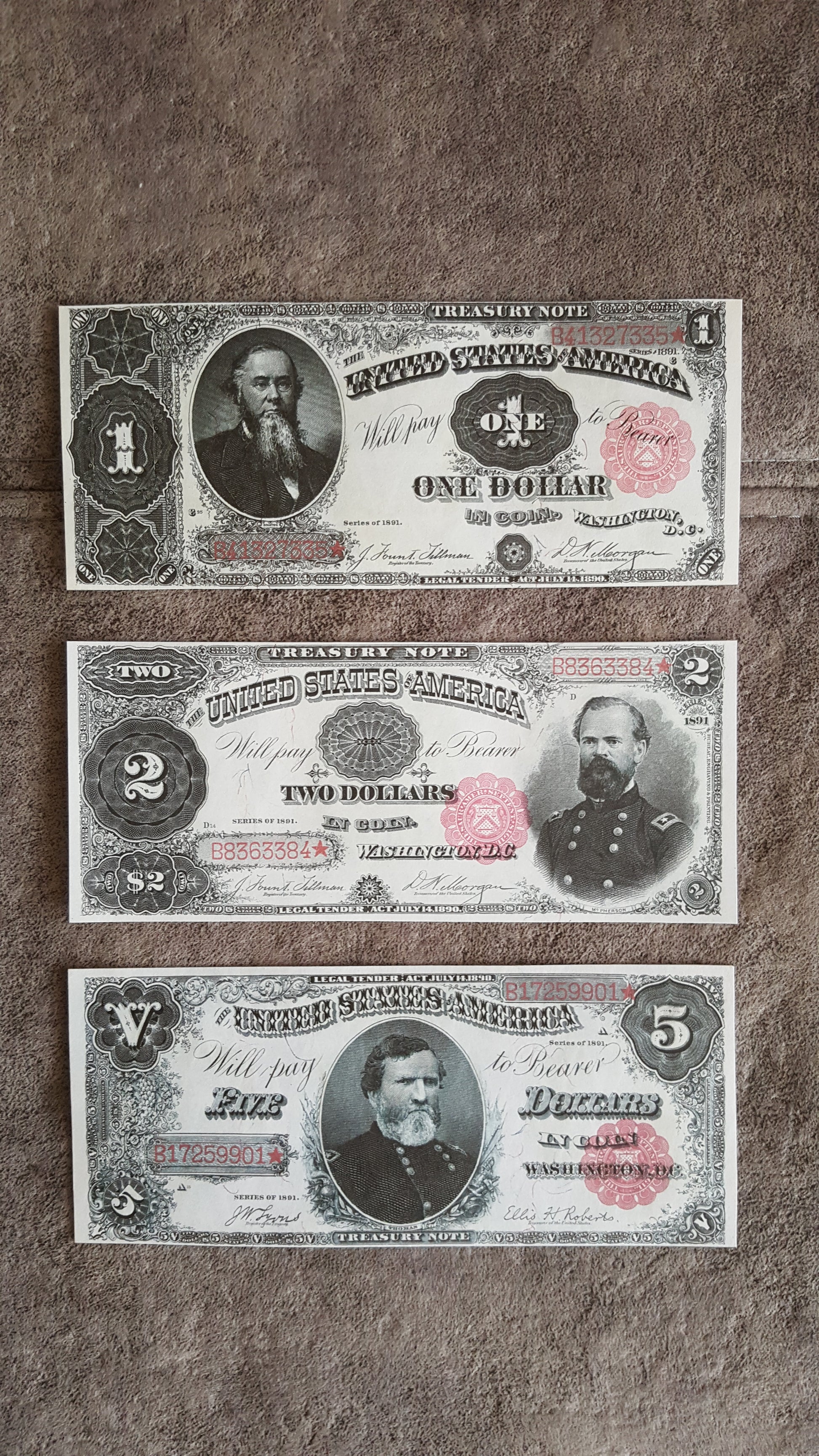 US 1 Dollar Stanton, 2 Dollar McPherson, and 5 Dollar Thomas 1891 Series Treasury Notes front