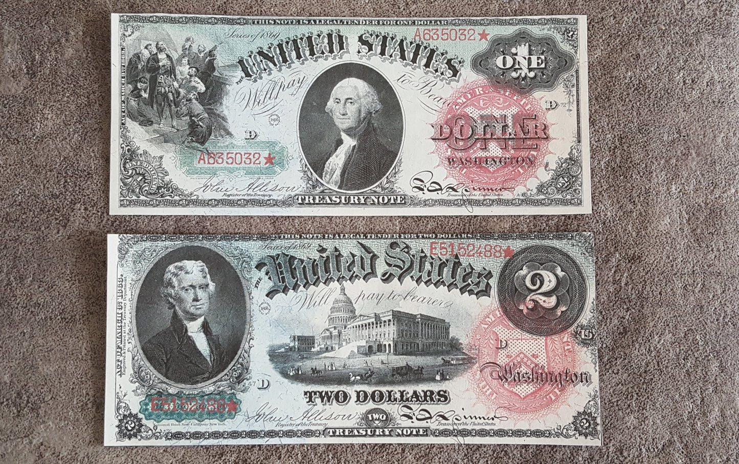 US 1 Dollar Washington and 2 Dollar Jefferson 1869 Series Legal Tender Rainbow notes front