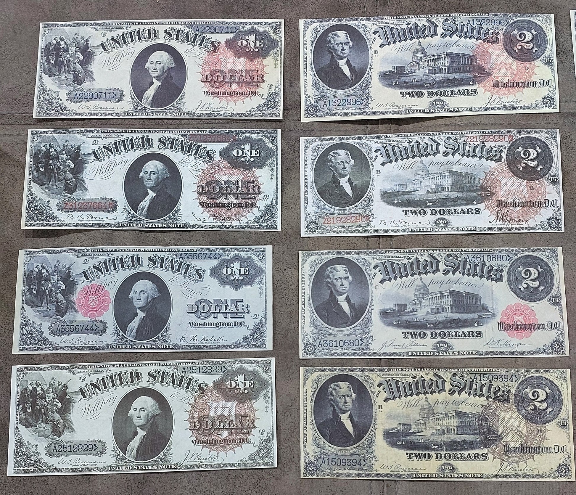 US 1 Dollar Washington and 2 Dollar Jefferson 1880 Legal Tender historical currency notes with various red seals front