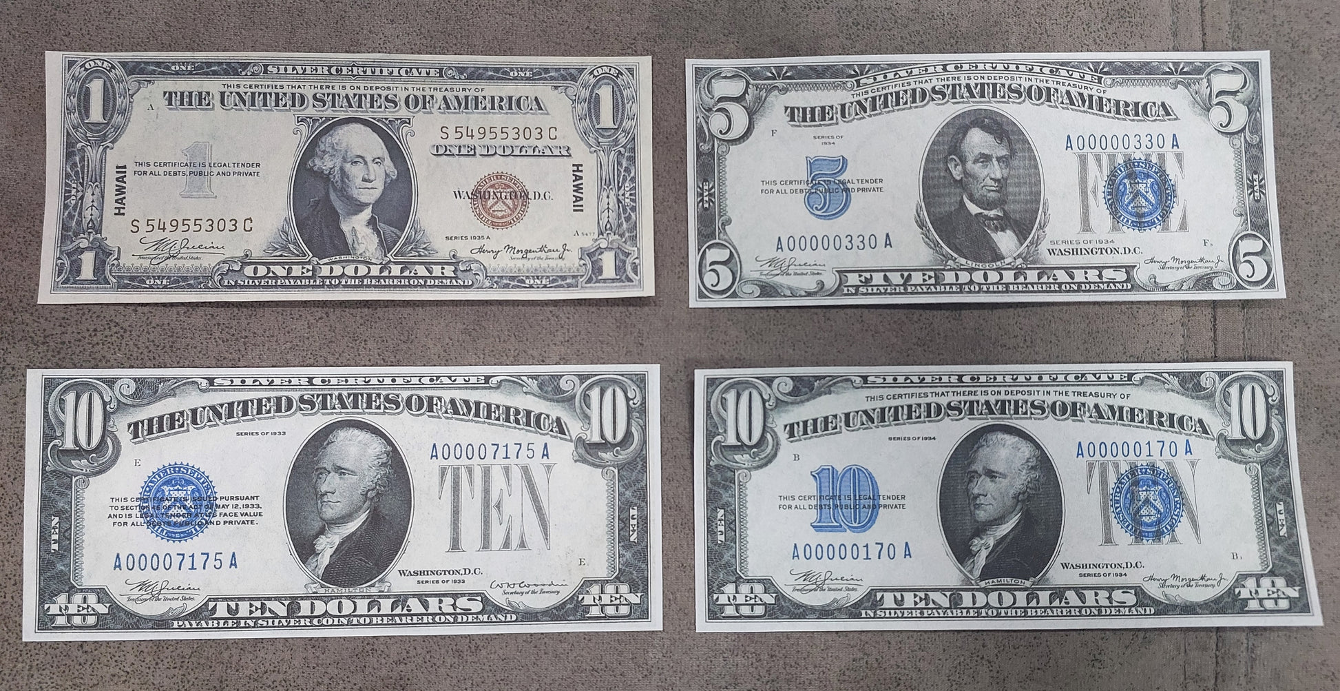 US 1 Dollar North Africa WWII, Experimental S, 5 Dollar 1934 and 5 Dollar North Africa Silver Certificates front