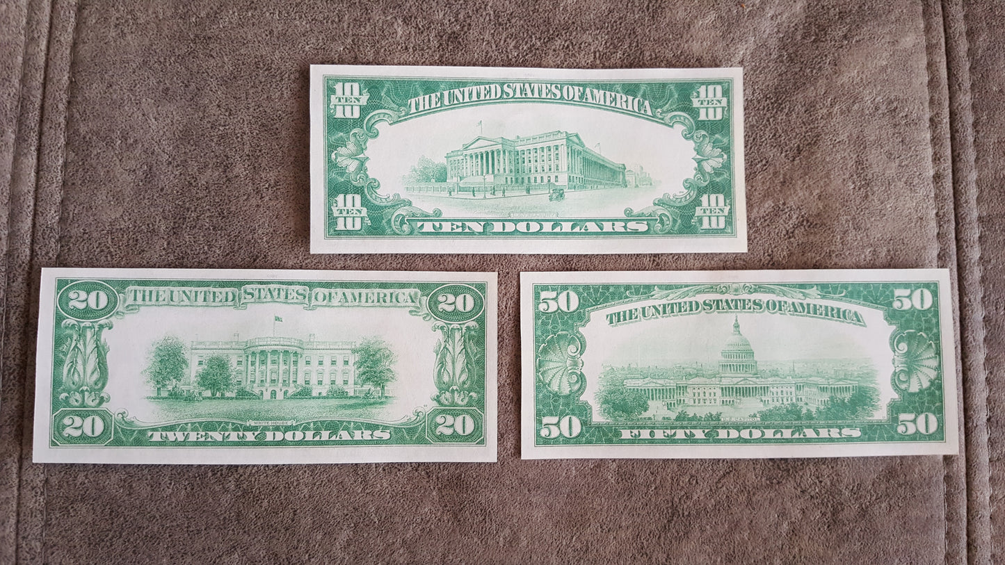 US 10, 20, and 50 Dollar 1928 Gold Certificates reverse greenback view showing Treasury and Capitol buildings