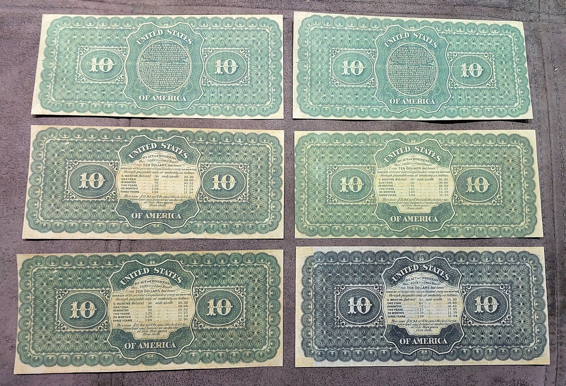 US 10 Dollar 1864 Treasury Notes Civil War era historical paper money reverse side view