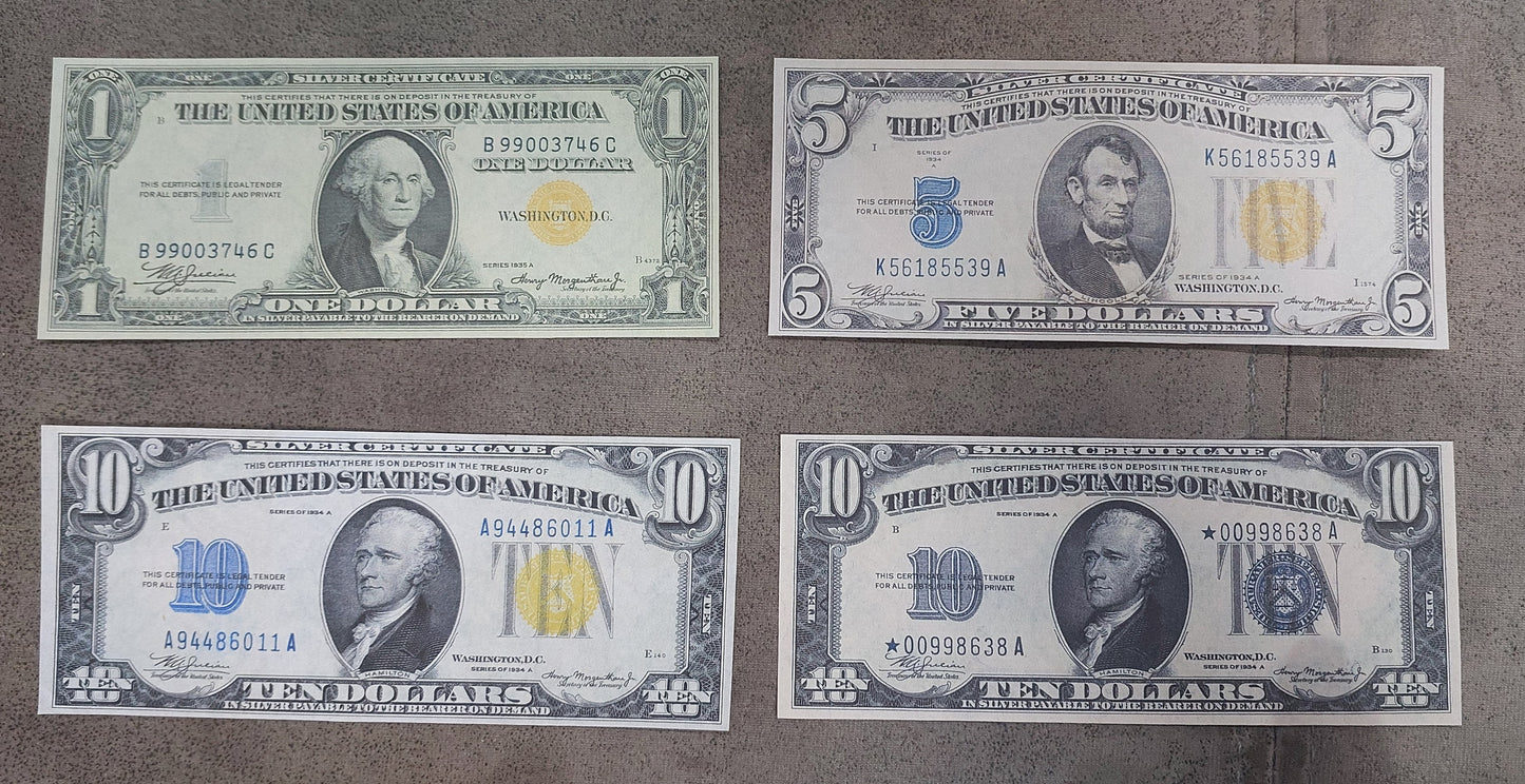 US 10 Dollar 1933 rare, 1934, 1934A Star Note and 1934 North Africa WWII Silver Certificates front