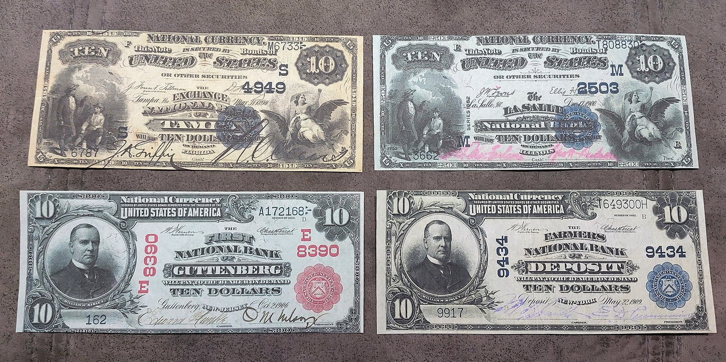 US 10 Dollar National Bank notes 1882-1927 Red Seal, Blue Seal & Type B front