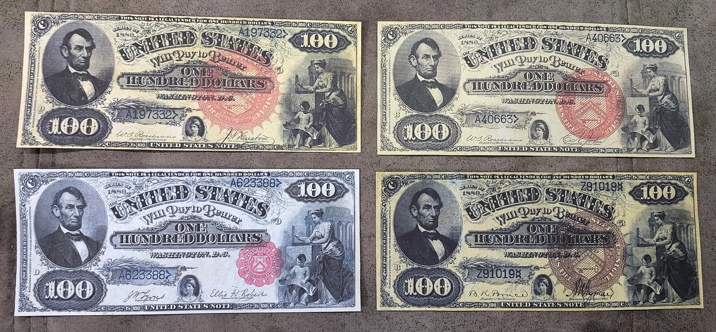 US 100 Dollar 1880 Legal Tender Abraham Lincoln historical currency notes with red and brown seals front