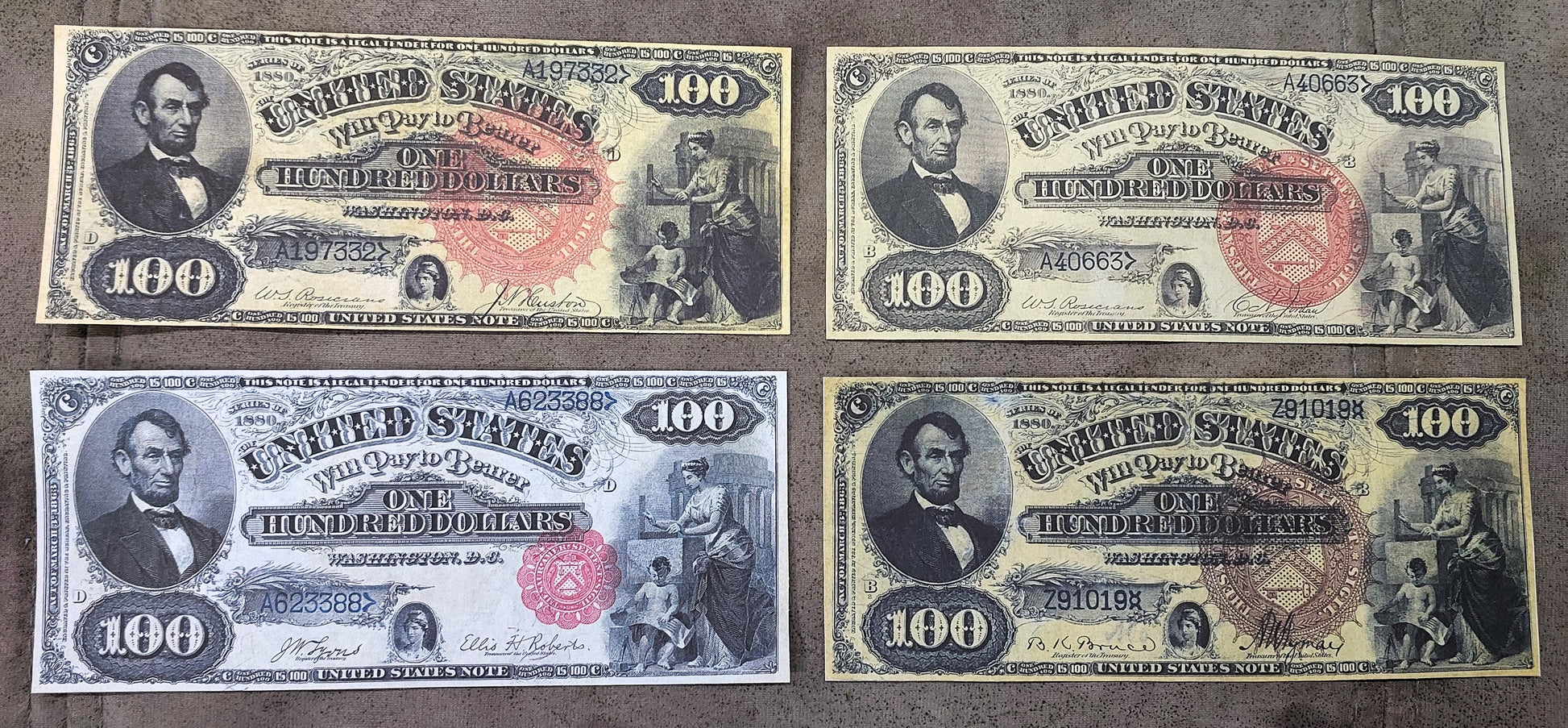 US 100 Dollar 1880 Legal Tender Abraham Lincoln historical currency notes with red and brown seals front