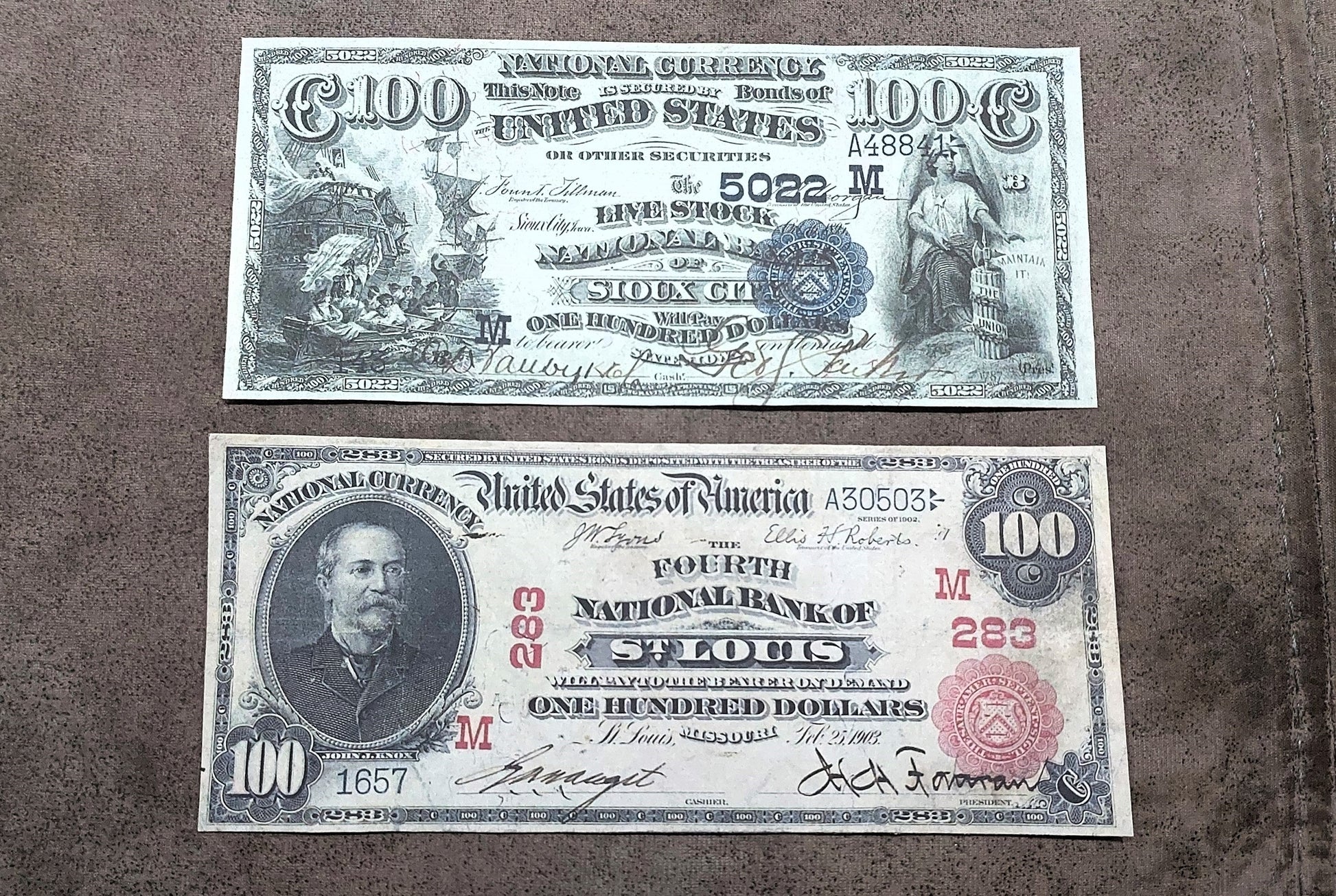 US 100 Dollar National Bank notes 1882-1927 Red Seal, Blue Seal & Type B front