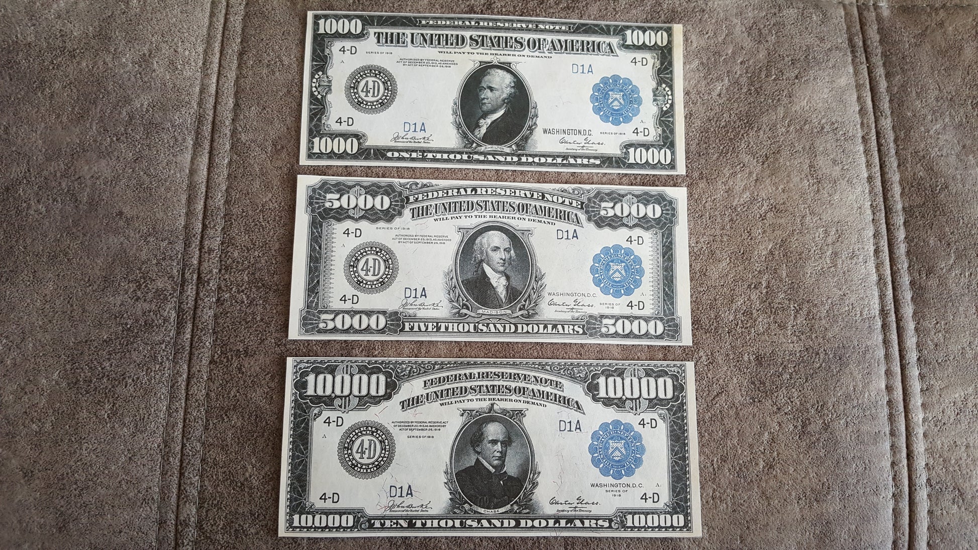 US high denomination 1000 Dollar Hamilton, 5000 Dollar Madison, and 10000 Dollar Chase 1918 Series blue seal Federal Reserve Notes front