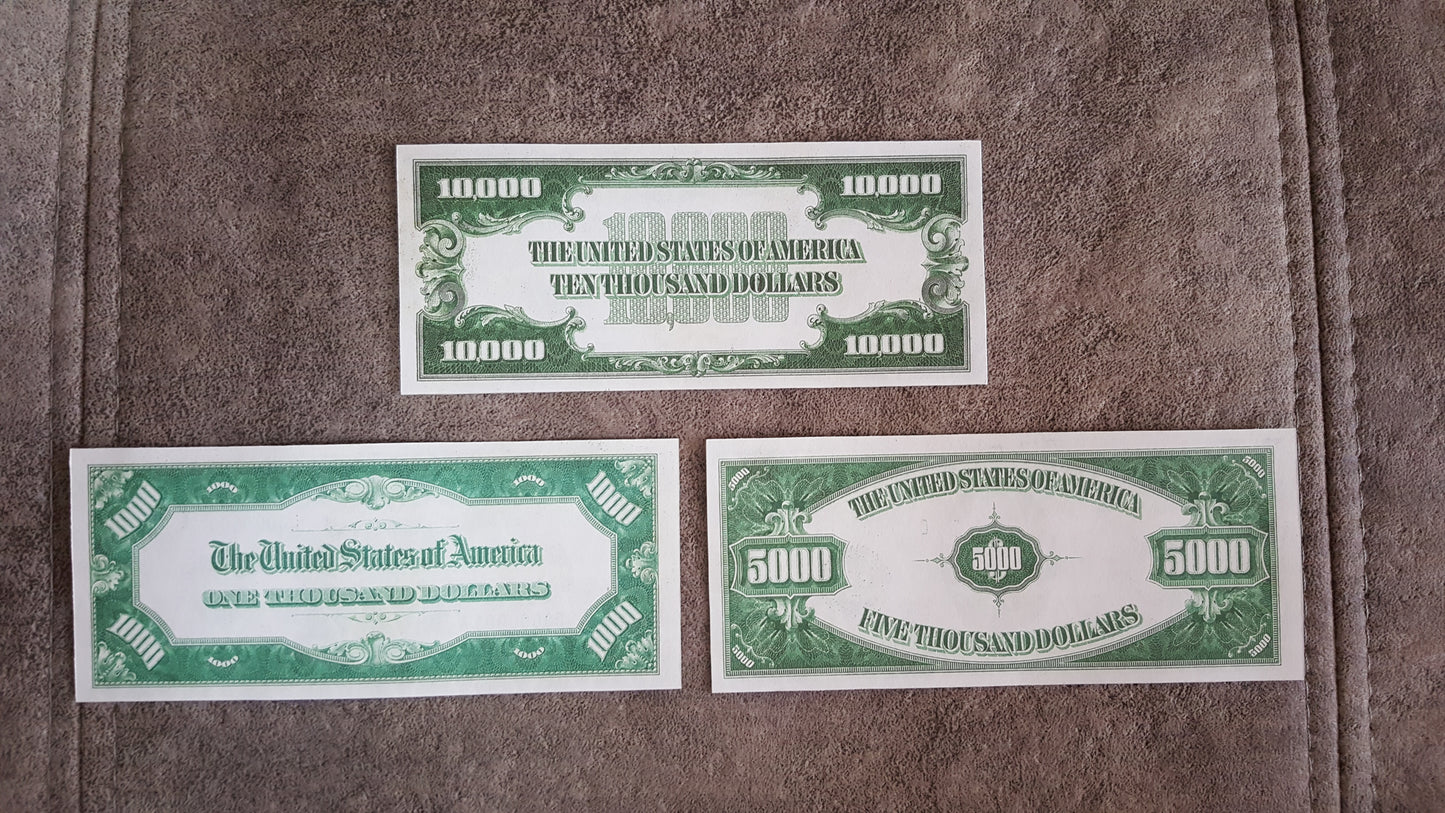 US 1000, 5000, and 10000 Dollar high denomination 1928 Federal Reserve Notes reverse back view