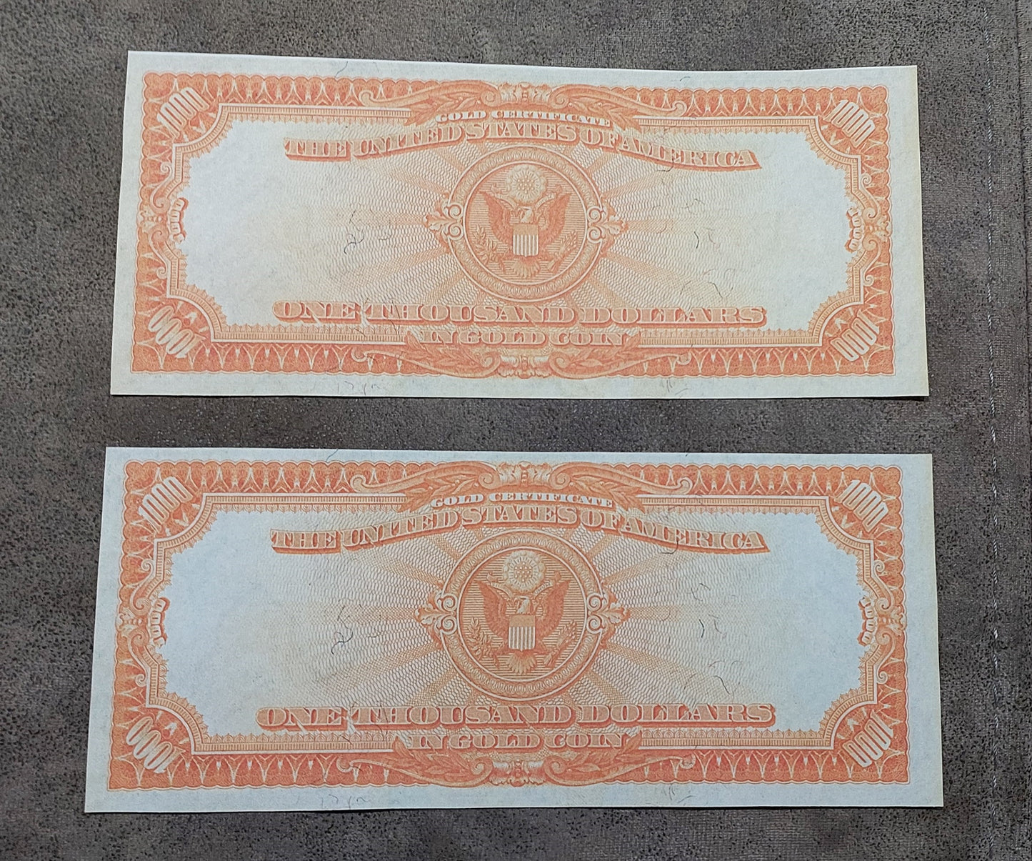 US high denomination 1000 Dollar Gold Certificates reverse orange back view
