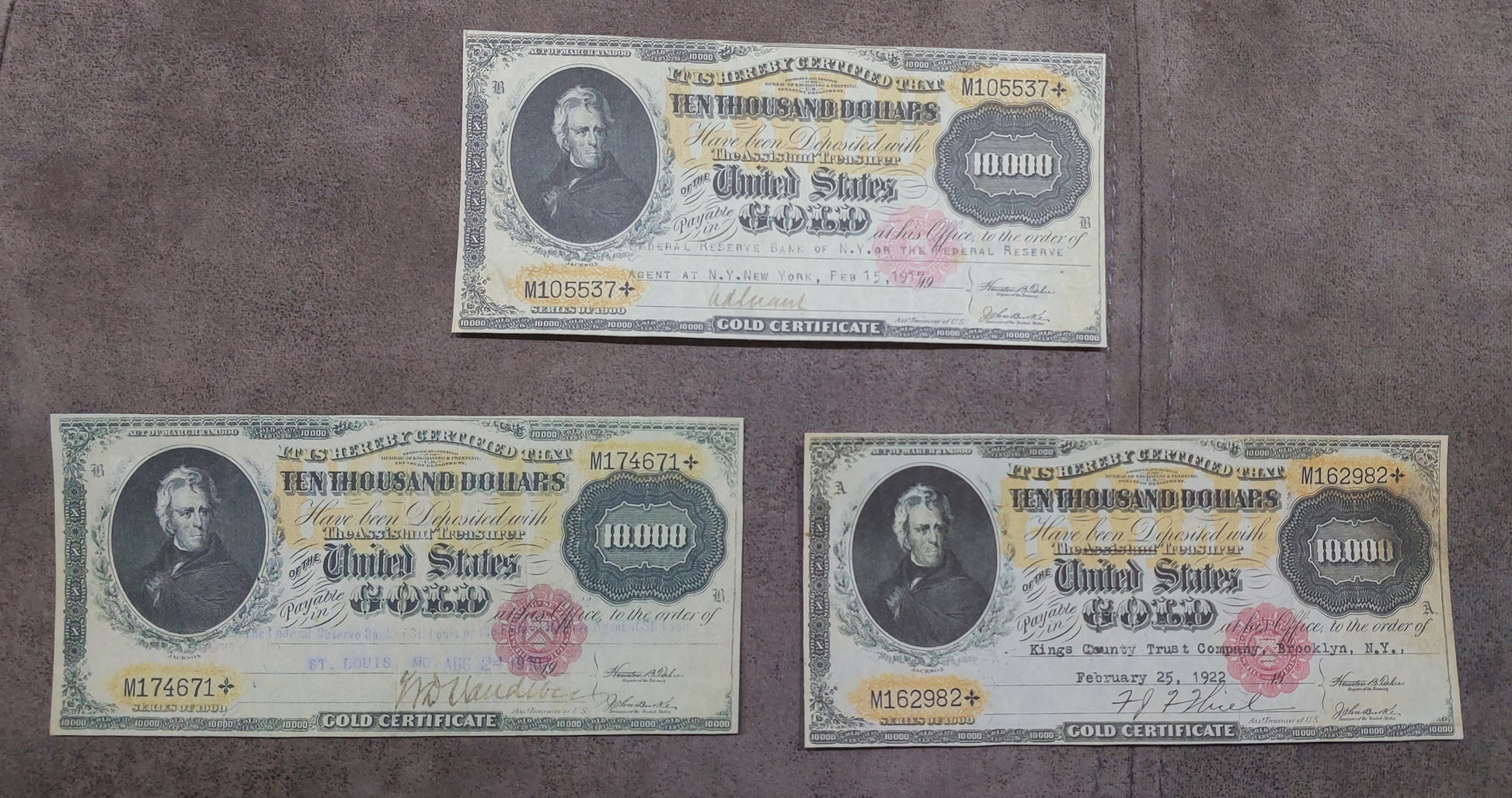 US 10000 Dollar 1900 Gold Certificate Series M cancelled 1916 and 1917 historical notes front