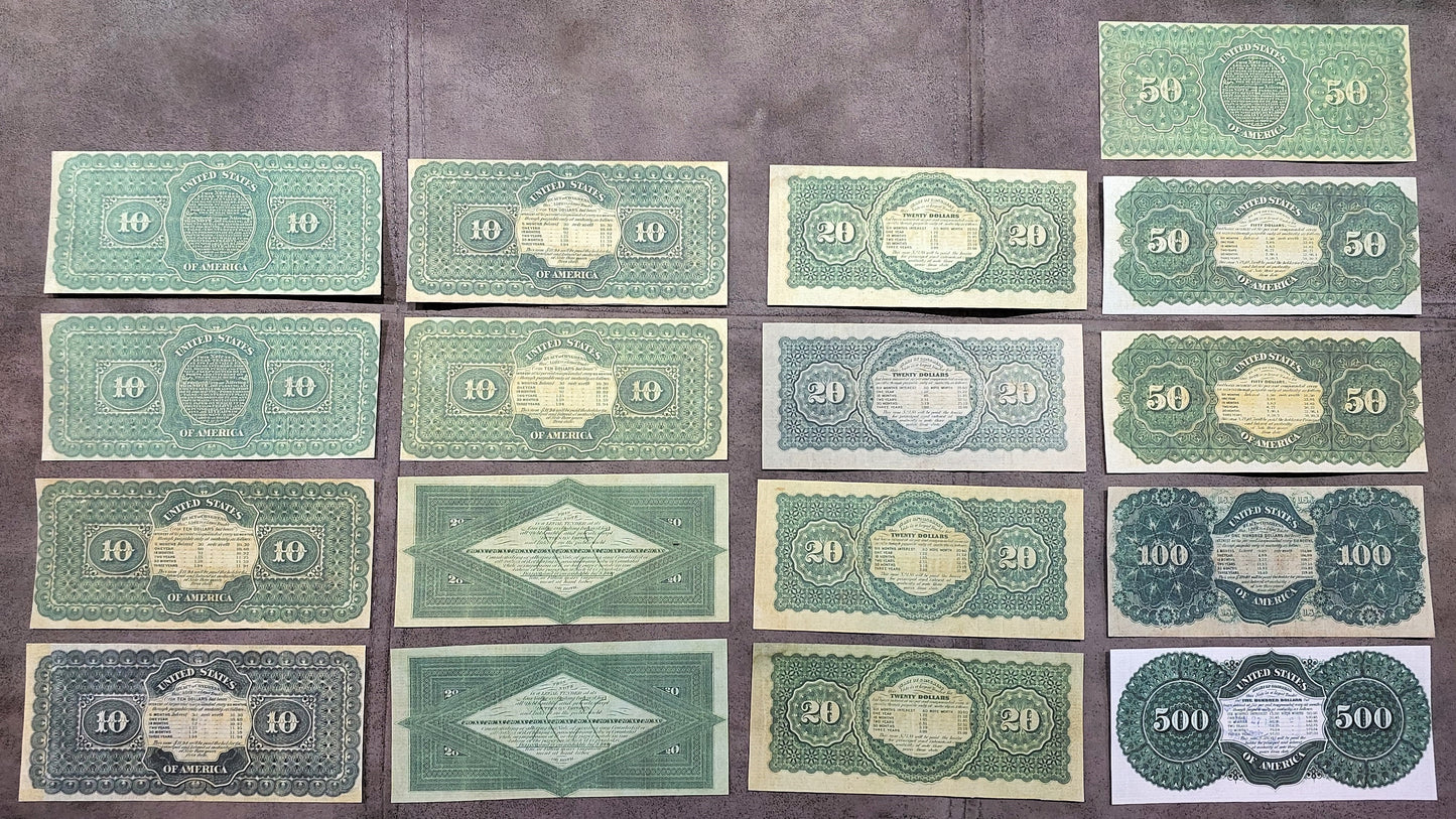 US Civil War era Treasury Notes 1863-1865 historical banknote collection set - reverse greenback side view