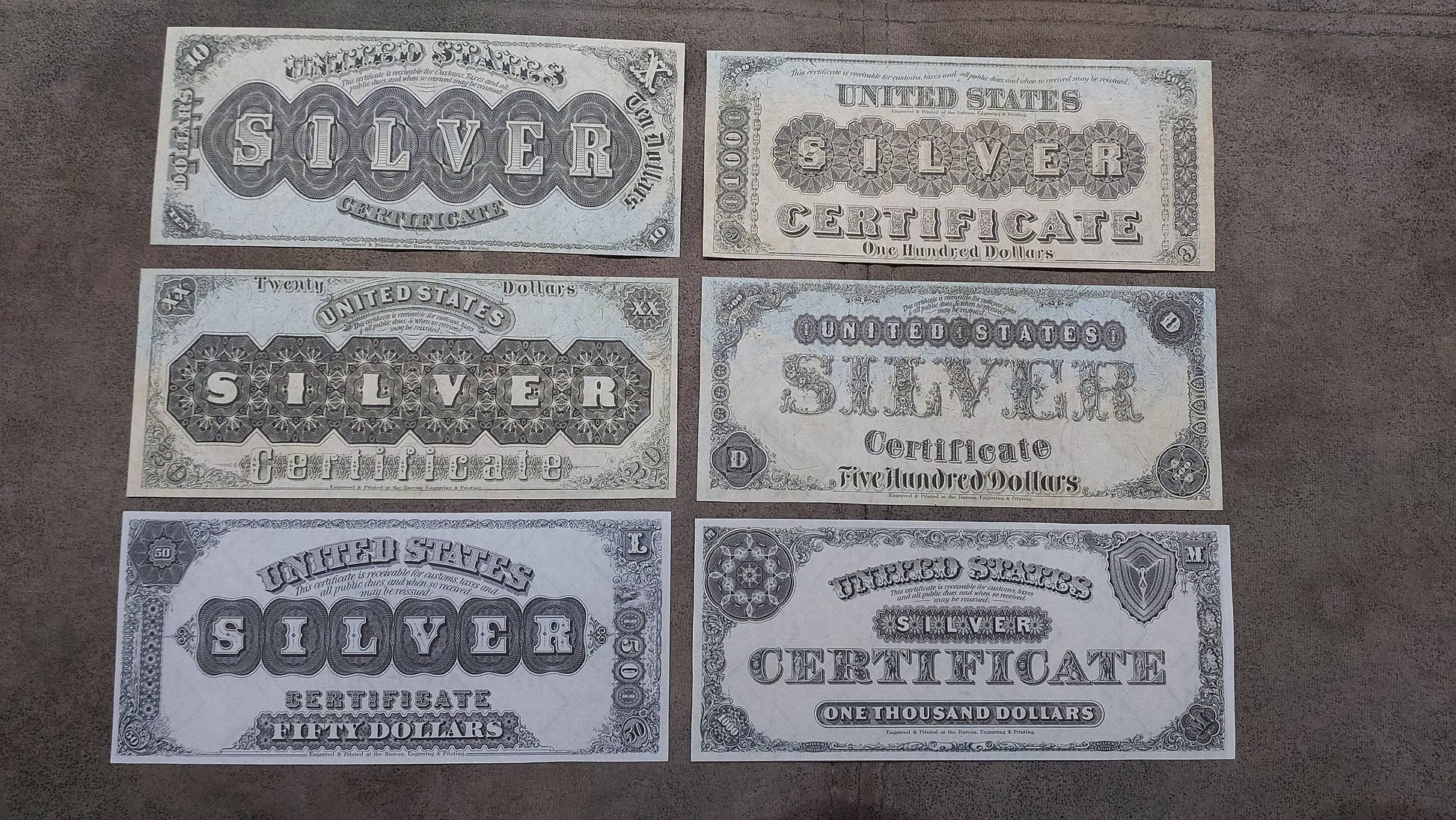 US Silver Certificate 1878 series historical banknote collection set - reverse side view