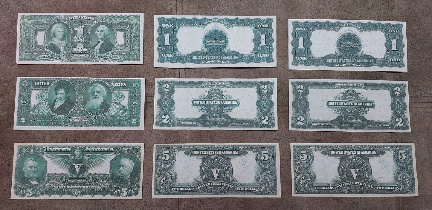 US Silver Certificate 1896 Educational Series and 1899 series banknote collection set - reverse side view