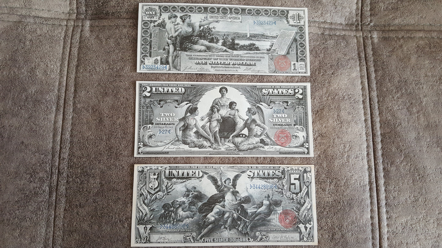 US 1896 Silver Certificate Star Note replacement series 1, 2 and 5 Dollar notes front