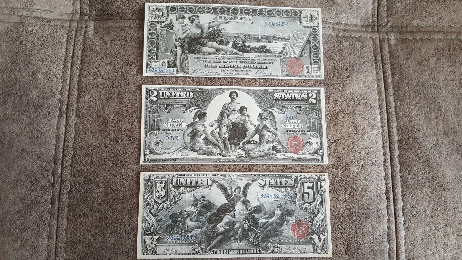 US 1896 Silver Certificate Star Note replacement series 1, 2 and 5 Dollar notes front