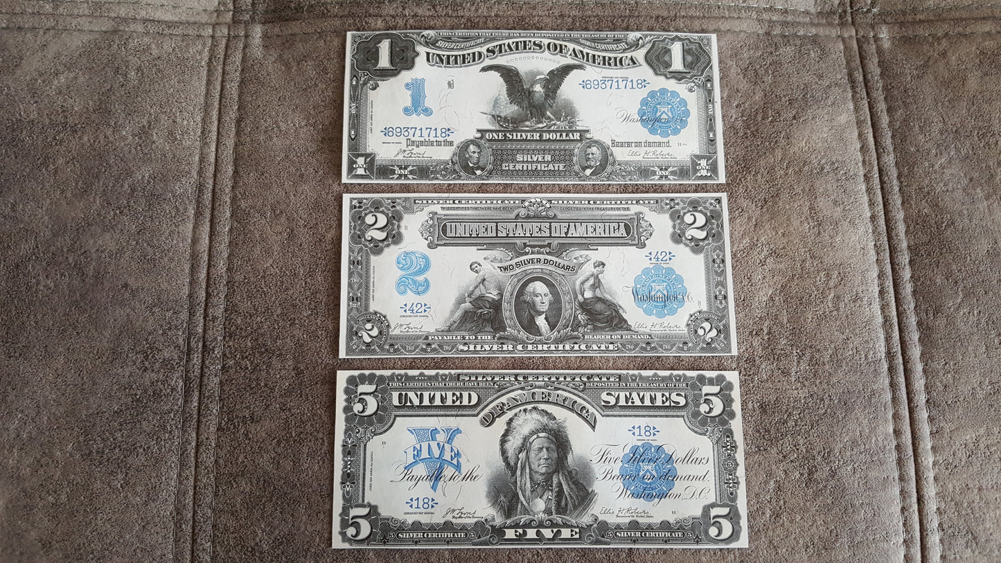 US 1899 Silver Certificate 1 Dollar Chief Black Hawk, 2 Dollar Washington and 5 Dollar Indian Chief notes front