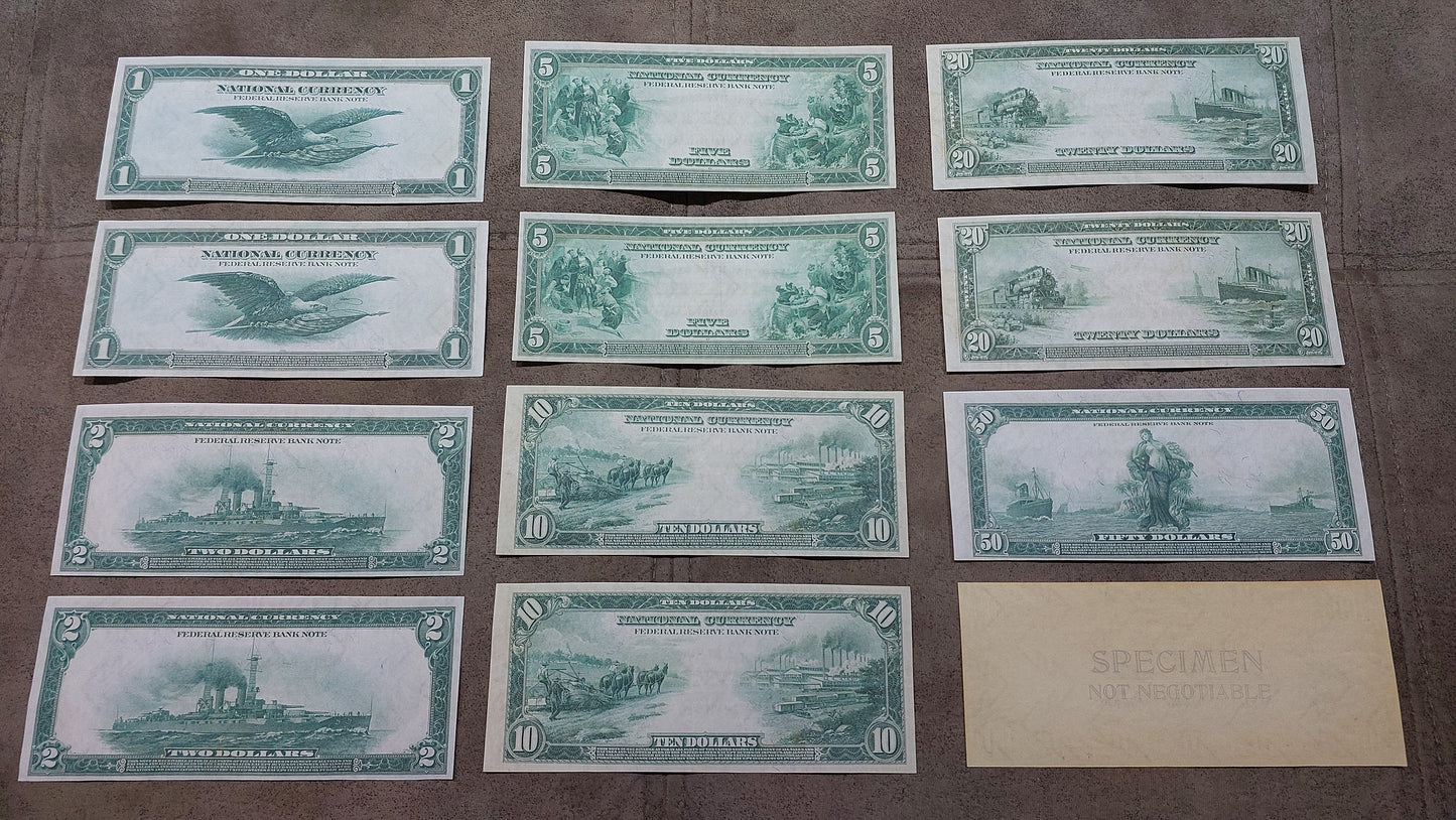US Federal Reserve Bank 1914 Series banknotes complete set reverse greenback view showing historical engravings