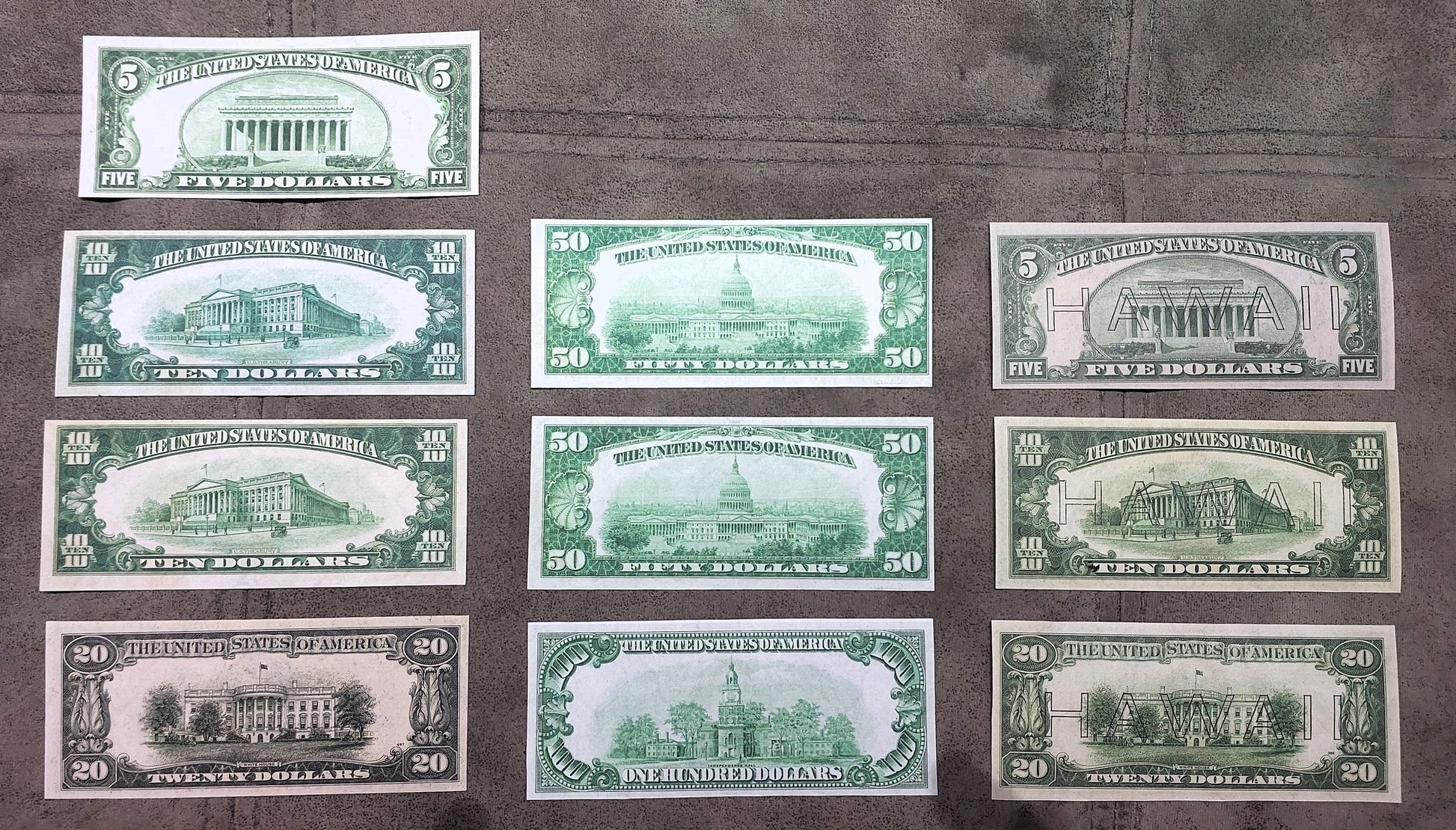US 1934-1935 Federal Reserve Notes and Hawaii WWII overprint banknotes reverse greenback and brown seal back view