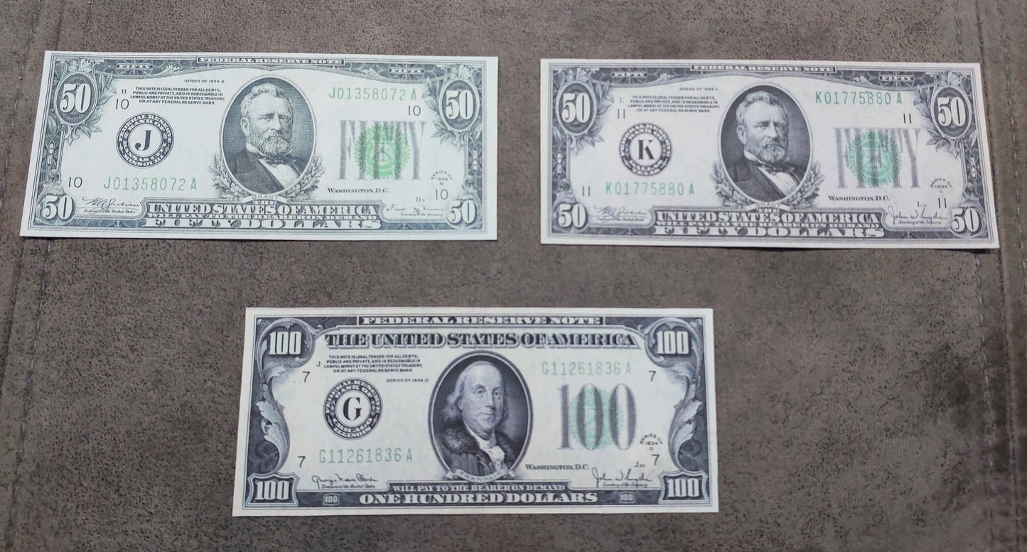 US 20 Dollar Jackson, 50 Dollar Grant, and 100 Dollar Franklin 1934 Series Federal Reserve star notes front